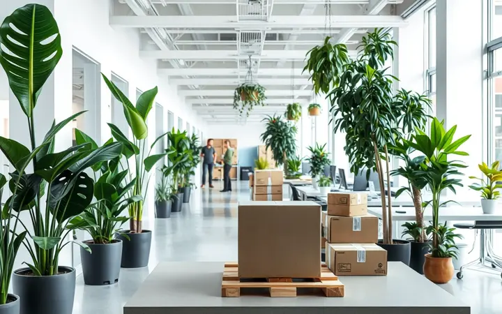 科技公司办公区绿植布置实景，前台高植与走廊垂吊植物