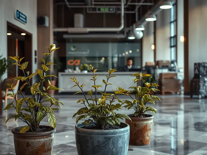 酒店大堂原有绿化状态：植物陈旧、缺乏层次