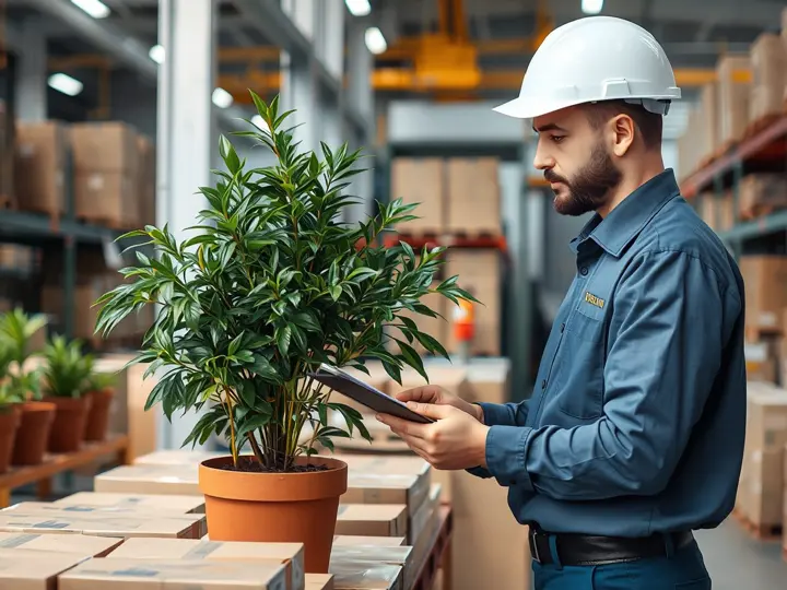 养护人员检查绿植状态并记录