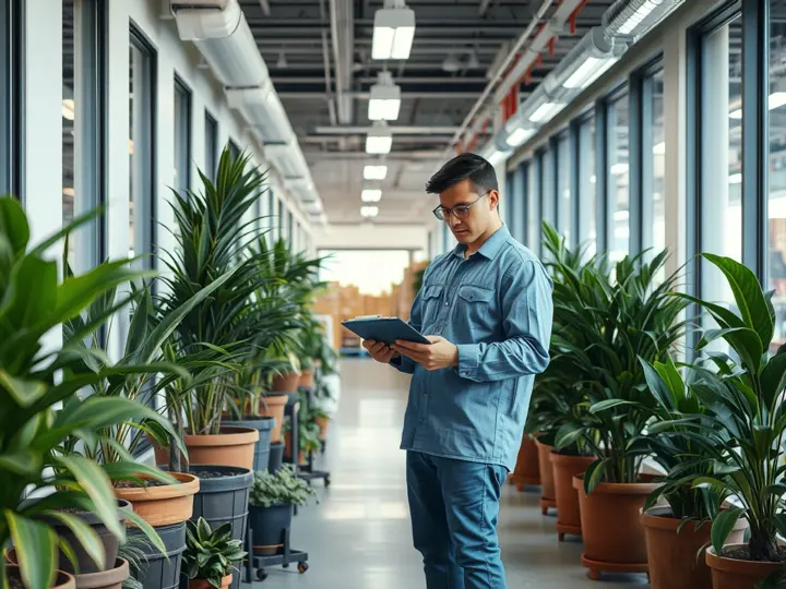 养护人员在走廊检查绿植状态